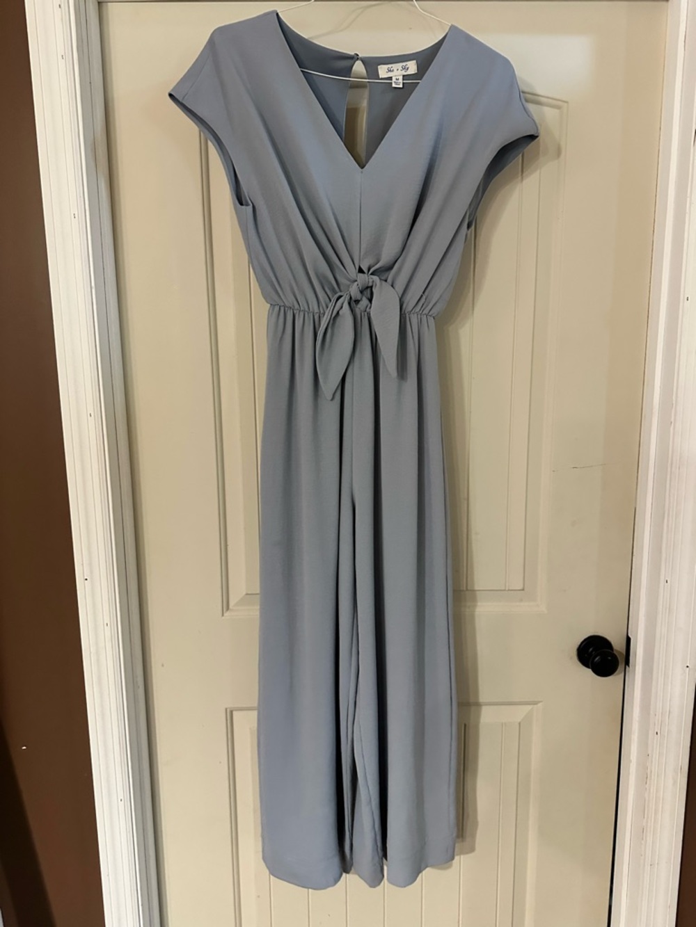 Tie-Front V-Neck Women’s pants romper in Dusty Blue